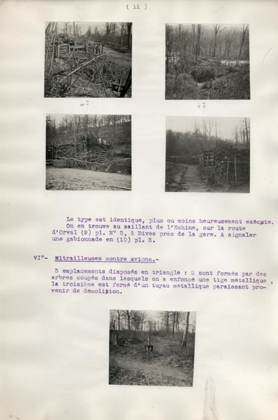 Photo du dossier de l'étude des positions allemandes dans la région du Plateau  de Loermont, guerre 1914-1918, photos d'un bastion, d'une barricade, d'une gabionnade et de la base d'une mitrailleuse contre avions