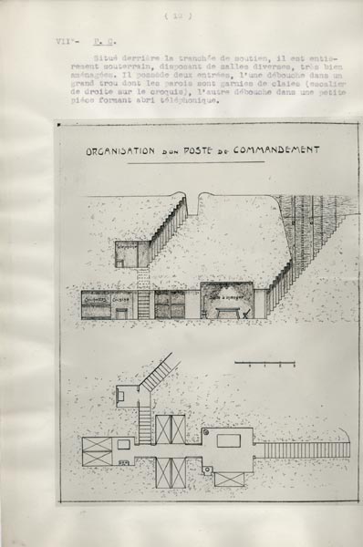 Photo du dossier de l'étude des positions allemandes dans la région du Plateau  de Loermont, guerre 1914-1918, vue en coupe et de dessus d'un poste de commandement et ses amènagements intérieurs