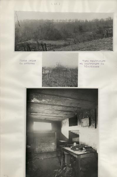 Photo du dossier de l'étude des positions allemandes dans la région du Plateau  de Loermont, guerre 1914-1918, photos du blockhauss dedans et dehors ainsi que la vue depuis un créneau.