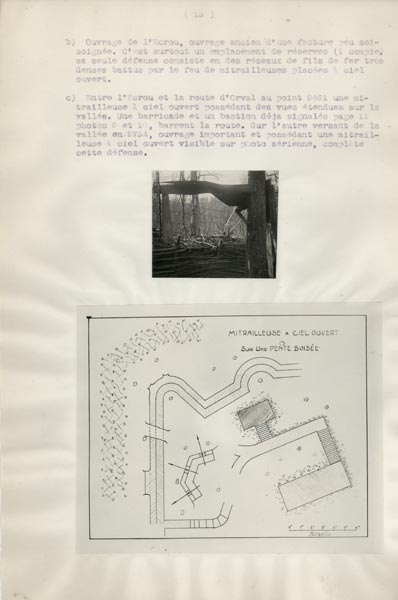 Photo du dossier de l'étude des positions allemandes dans la région du Plateau  de Loermont, guerre 1914-1918, photos du blockhauss dedans et dehors ainsi que la vue depuis un créneau.