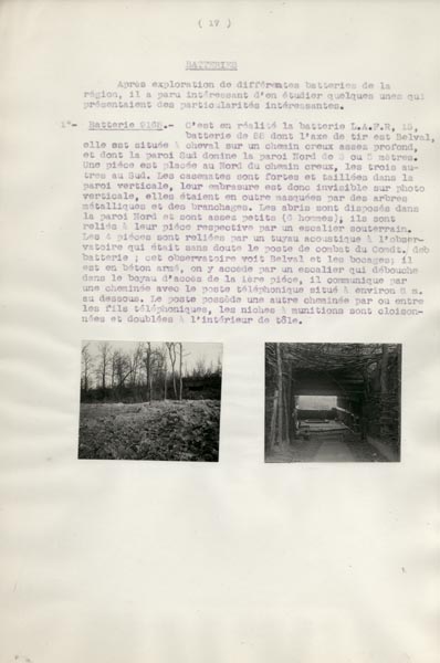 Photo du dossier de l'étude des positions allemandes dans la région du Plateau  de Loermont, guerre 1914-1918, description et photos d'une batterie comme exemple.