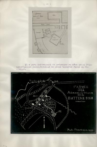 Photo du dossier de l'étude des positions allemandes dans la région du Plateau  de Loermont, guerre 1914-1918, plan et interprétation photographique d'une batterie comme exemple.