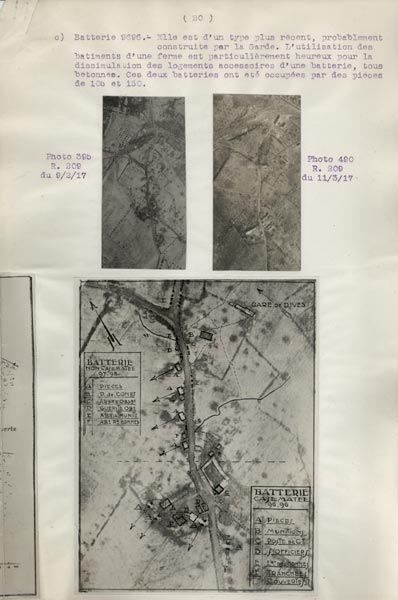 Photo du dossier de l'étude des positions allemandes dans la région du Plateau  de Loermont, guerre 1914-1918, plan et interprétation photographique d'une batterie comme exemple.