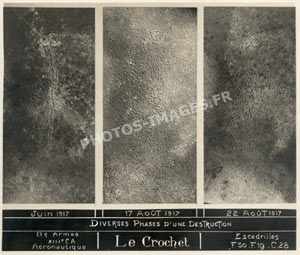 Vue a&eacute;rienne de la destruction en 3 phase d'une tranch&eacute;e entre juin et ao&ucirc;t 1917
