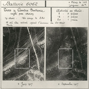 Photos a&eacute;riennes de la destruction d'une batterie allemande par des tirs de contre batterie pendant la guerre de 1914-1918