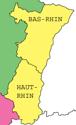 carte de la région alsacienne avec les départements du Haut-Rhin et du Bas-Rhin
