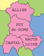 carte de la région Auvergne et des départements Cantal, Haute-Loire, Puy-de-Dôme et Allier