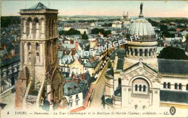 Photo ancienne de la tour Charlemagne eet la basilique St-Martin à Tours