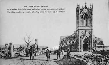 Photo ancienne de l'église de Sommeilles en carte postale de 1918