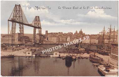 Ancienne photo du pont transbordeur au port de Marseille en carte postale de 1900