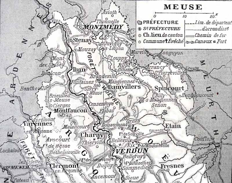 Carte du nord du département de la Meuse en 1910 avec les liens vers Varennes, Malancourt, Douaumont, Avocourt, Verdun, Clermont en Argonne