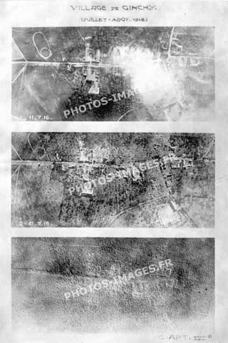 Photo aérienne du village de Ginchy labouré par les bombardements entre juillet et août 1916 pendant la guerre de 14-18 WW1